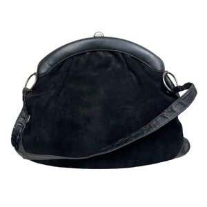 *Crown Lewis Black Suede‎ Leather Shoulder Purse Clasp Closure Line Pocket VTG